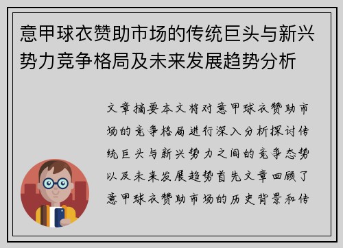意甲球衣赞助市场的传统巨头与新兴势力竞争格局及未来发展趋势分析